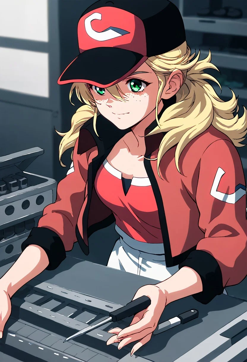 score_9, score_8_up, score_7_up, score_6_up, score_5_up, score_4_up, source_anime, kay nimrod, freckles, green eyes, brond hair, long hair, jacket, cap, tool box, factory