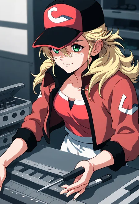 score_9, score_8_up, score_7_up, score_6_up, score_5_up, score_4_up, source_anime, kay nimrod, freckles, green eyes, brond hair, long hair, jacket, cap, tool box, factory