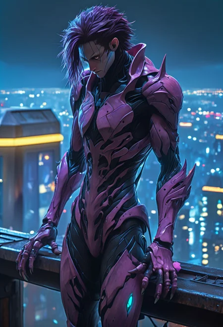 score_9, score_8_up, score_9_up, SilverPulse, Fantasy Creature, punk hair, lizard, cat, alien girl, feminime, female, 1girl, four arms, Avatar navi alien with purple skin, bal, big eyes, medium breast, red trench coat, running on the top of train, yellow train, cyberpunk city, night, neon light, rainy, dynamic view, dynamic pose, super wide angle shot, extreme perspective,