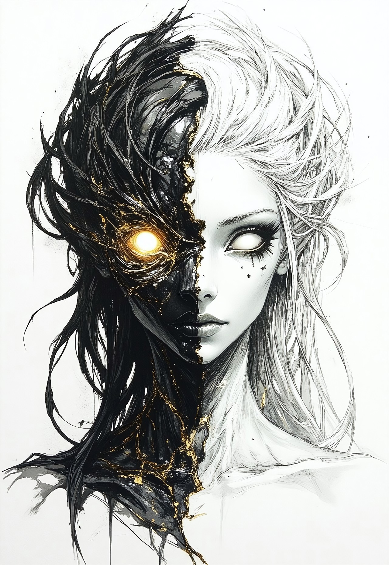 fg, A portrait of Hel, the ruler of Helheim. Her marvelous wild mane covers part of her beautiful face and bare chest. Both eyeballs are completely blank and featureless, devoid of pupils and irises, and extend across the entire eye region, blending seamlessly into the surrounding facial area, while the eyes remain fully open. The face is divided into two halves. The left side shows signs of decay and decomposition, with lifeless dark-coal skin, hard bones are visible under the torn skin, shreds of golden ash detached from her skin. Her left eyeball is completely golden. The right half of the face is of unearthly beauty, with immaculate, flawless white skin. Her right eyeball is completely snow-white. The transition between the two halves of the face is fluid and unobtrusive, symbolizing the brief moment between life and death. The picture showcases a surreal and abstract style, created using pencil and ink, characterized by a monochromatic scheme with predominant shades of black, white, and gray, which has been digitally enhanced.