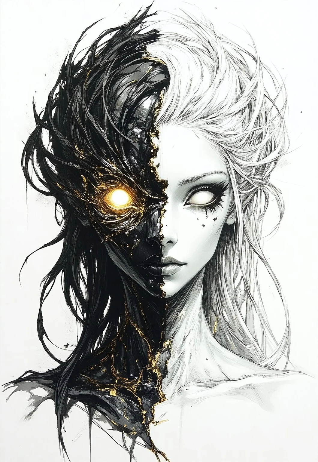fg, A portrait of Hel, the ruler of Helheim. Her marvelous wild mane covers part of her beautiful face and bare chest. Both eyeballs are completely blank and featureless, devoid of pupils and irises, and extend across the entire eye region, blending seamlessly into the surrounding facial area, while the eyes remain fully open. The face is divided into two halves. The left side shows signs of decay and decomposition, with lifeless dark-coal skin, hard bones are visible under the torn skin, shreds of golden ash detached from her skin. Her left eyeball is completely golden. The right half of the face is of unearthly beauty, with immaculate, flawless white skin. Her right eyeball is completely snow-white. The transition between the two halves of the face is fluid and unobtrusive, symbolizing the brief moment between life and death. The picture showcases a surreal and abstract style, created using pencil and ink, characterized by a monochromatic scheme with predominant shades of black, white, and gray, which has been digitally enhanced.