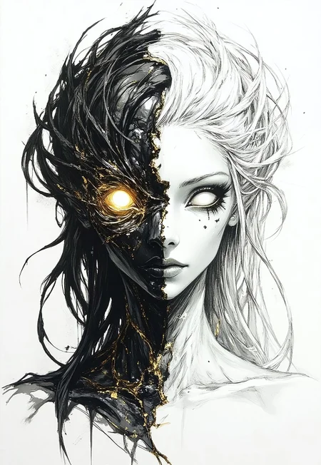 fg, A portrait of Hel, the ruler of Helheim. Her marvelous wild mane covers part of her beautiful face and bare chest. Both eyeballs are completely blank and featureless, devoid of pupils and irises, and extend across the entire eye region, blending seamlessly into the surrounding facial area, while the eyes remain fully open. The face is divided into two halves. The left side shows signs of decay and decomposition, with lifeless dark-coal skin, hard bones are visible under the torn skin, shreds of golden ash detached from her skin. Her left eyeball is completely golden. The right half of the face is of unearthly beauty, with immaculate, flawless white skin. Her right eyeball is completely snow-white. The transition between the two halves of the face is fluid and unobtrusive, symbolizing the brief moment between life and death. The picture showcases a surreal and abstract style, created using pencil and ink, characterized by a monochromatic scheme with predominant shades of black, white, and gray, which has been digitally enhanced.