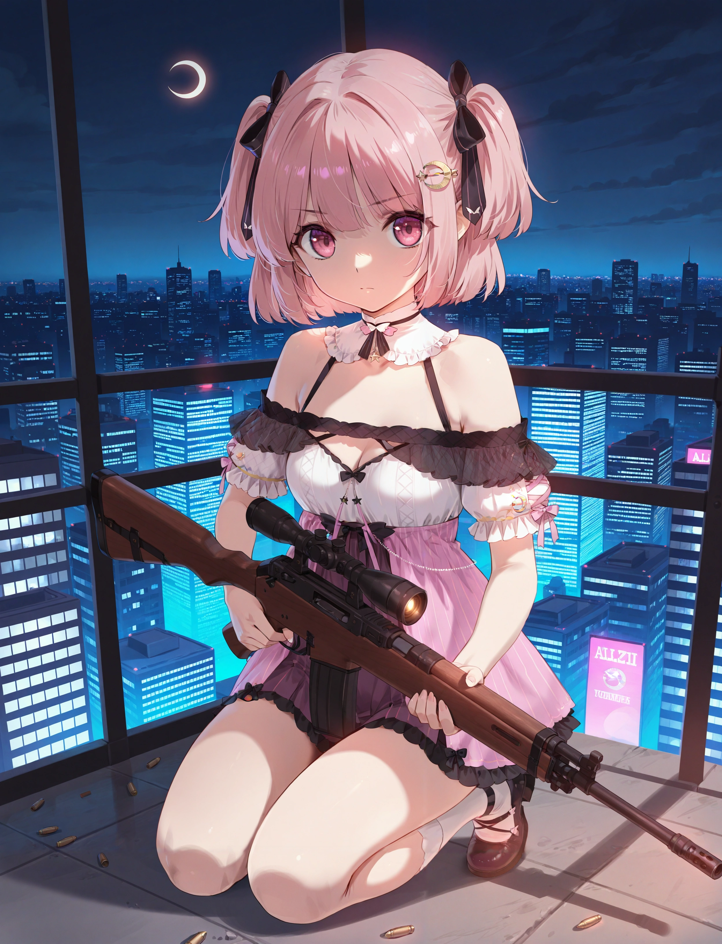 1girl,
lemonleaf, crescent hair ornament, pink hair, two side up, 
short sleeves, bare shoulders,
holding weapon, rifle, city, night, kneeling, serious, bullet,
yd \(orange maru\), alzi xiaomi, 
masterpiece, very awa
<lora:char_lemonleaf-ill-v1.1:1>