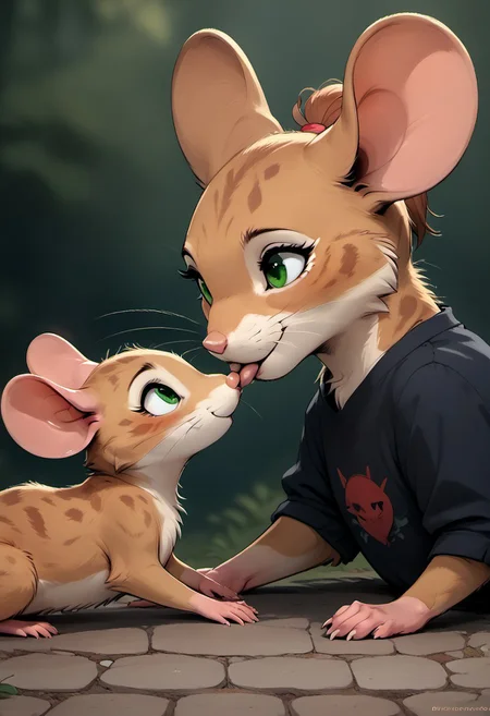 score_7_up, (duo:1), view from the side, Giantess Kiss, 1girl, Giant female , giant amandasc, (((anthro cat))), <lora:amandascxl:1> , anthro, 1girl ,amandasc , Spots on the body , green eyes,brown skin , ponytail ,furry , furry female ,solo ,pink cat nose ,brown hair ,fringe ,black shirt with engraved heart , laying down, 1girl,  (fluffy:0.8), claws, (fluffy cheeks:0.4), (feral:1.7), outdooes, furry, (((mouse))), female, cuillu, m0use_goldie, (cute:1.5), romantic, (looking at another:2), (seductive look, looking at another) wearing a blue nightgown,, (cute, feral:1.5), kissing larger anthro,