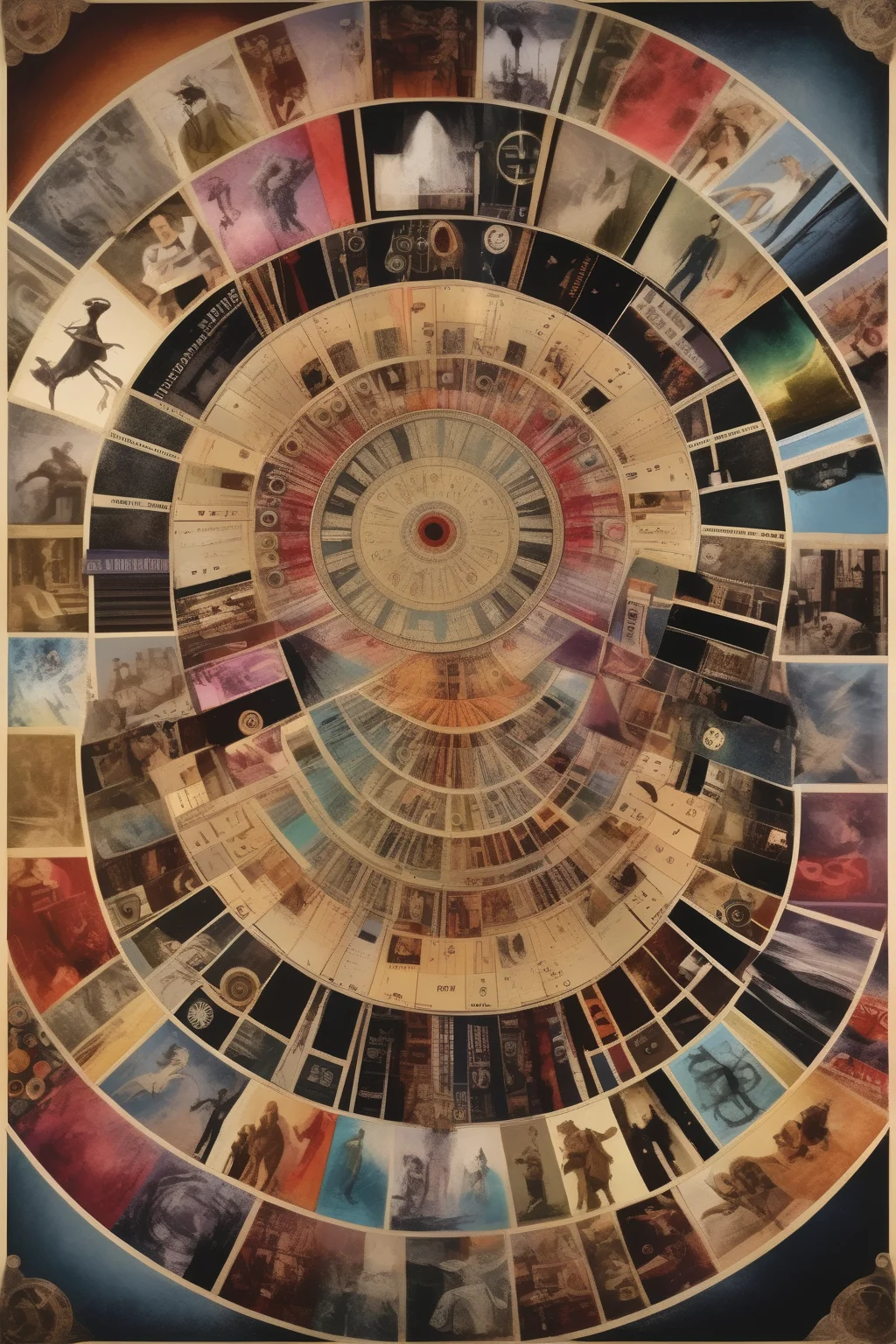 <lora:Paul Laffoley Style:1>Paul Laffoley Style - Create a mandala that celebrates the art of filmmaking. The composition should be cinematic and dynamic, with elements referencing film reels, cameras, and storytelling visuals. The medium should be a digital artwork. The mandala should incorporate subjects like film strips, iconic movie scenes, and abstract patterns. The subject styling should have a bold and modern quality. The environment can feature a film set with lights, cameras, and action. The lighting should create a sense of drama and depth. The atmosphere should be filled with the anticipation of storytelling. The mood should be captivating and evocative.