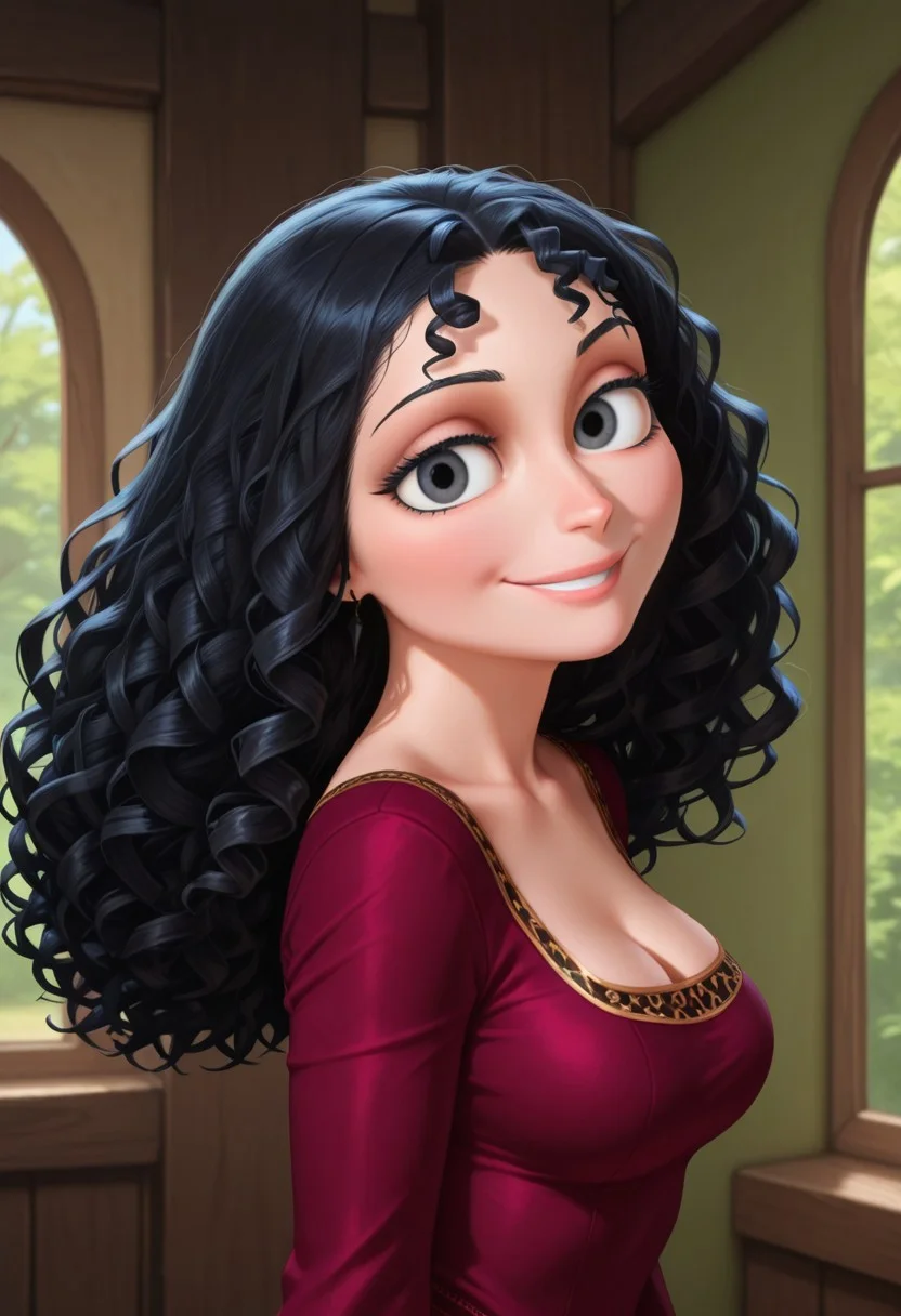 masterpiece, best quality, amazing quality, very aesthetic, absurdres,  newest, detailed background, 
gothelxd, 1girl, solo, black hair, breasts, looking at viewer, smile, cleavage, black eyes, long hair, upper body, curly hair, dress, from side, medium breasts,