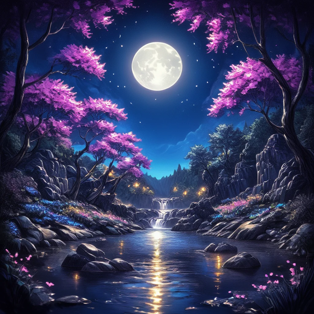 <lora:NeonFantasySDXL:1> ArsFriends, The image is a digital illustration of a beautiful night scene with a full moon in the background. The sky is filled with stars and the moon is glowing brightly creating a warm glow. The scene is set in a mountainous landscape with a river flowing through it. On either side of the river there are tall trees with pink flowers blooming on their branches. The trees are surrounded by rocks and boulders and there is a waterfall cascading down the rocks in the center of the image. The water is calm and still reflecting the colors of the sky and the trees. The overall mood of the scene is peaceful and serene., no humans, scenery, moon, tree, sky, night, water, outdoors, star (sky), night sky
