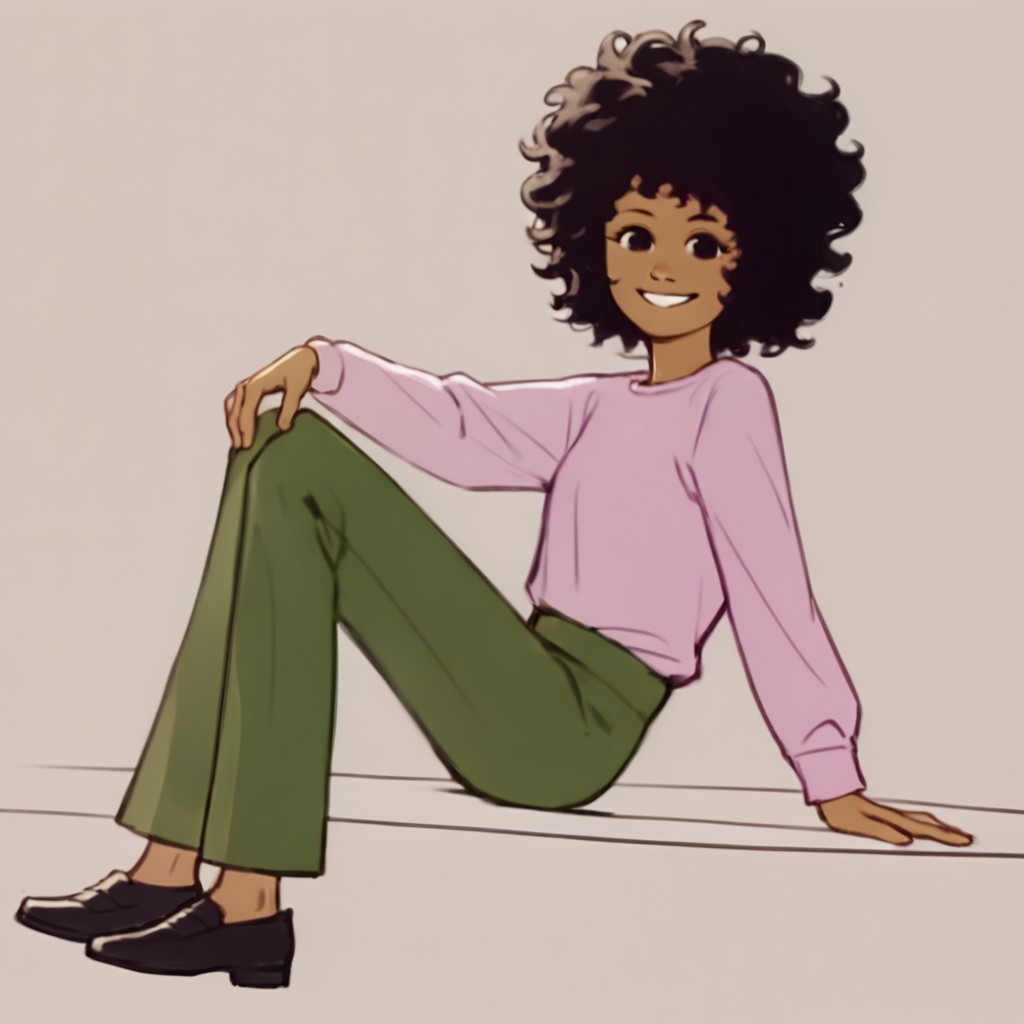 score_9, score_8_up, score_7_up BREAK SScrgl, 1girl, brown skin, curly black hair, black eyes, long-sleeved soft pink shirt, green pants, black shoes, smiling at viewer,