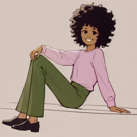score_9, score_8_up, score_7_up BREAK SScrgl, 1girl, brown skin, curly black hair, black eyes, long-sleeved soft pink shirt, green pants, black shoes, smiling at viewer,