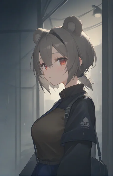 score_9,score_8_up,score_7_up,1girl,solo,light_blush,
<lora:Abstinthe-Pony-07:0.8>,
abstinthe-base,animal ears,bear ears,red eyes,short hair,brown hair,grey hair,bear girl,hair between eyes,short ponytail,large breasts,
bag,black necktie,brown shirt,black jacket,black pantyhose,blue skirt,grey hair,jacket,long sleeves,miniskirt,shoes,skirt,sneakers,
looking at viewer,train station,from side,close-up,upper body,rain,