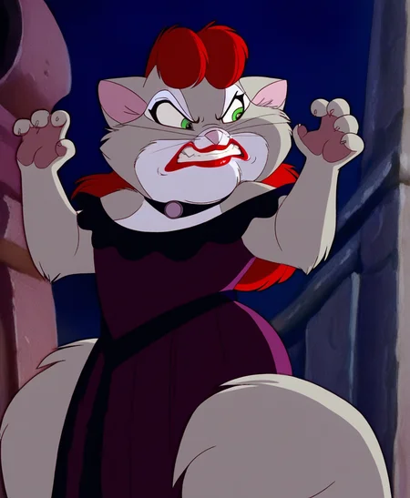 masterpiece, highly detailed, solo, miss kitty, female, green eyes, lipstick, red hair, dress, collar, angry, clenched teeth, hands up, looking away, night sky, by cocofox, <lora:MissKittyXL_04-Noob-nd32-na32-lr2-ep15:1>
