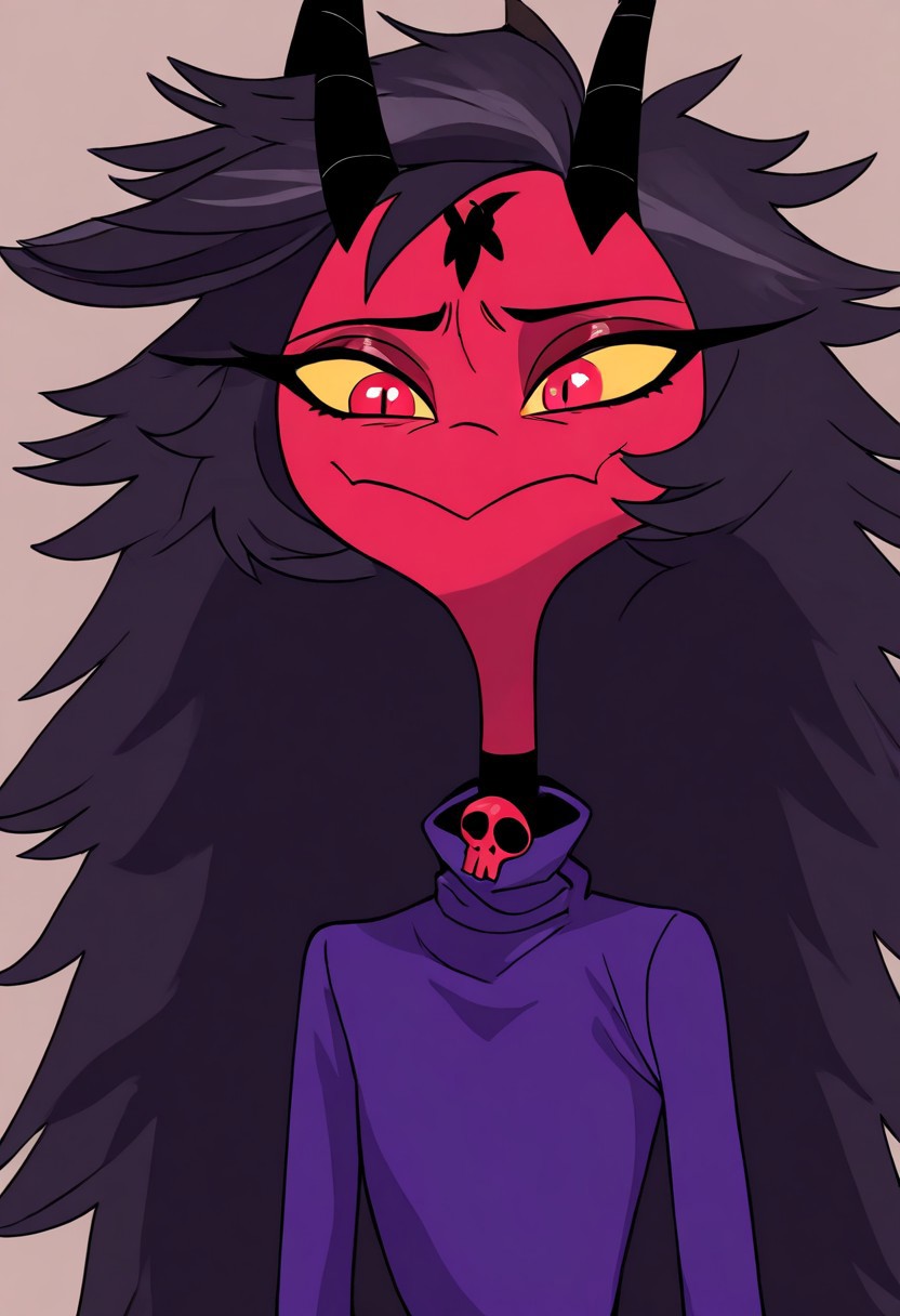 masterpiece, best quality, newest, absurdres, highres, anime, anime style,
1girl, HelluvaBossTillav1, demon girl, tall imp, horns, black horns, dress, Purple dress, black hair, very long hair, tall, tall woman, skull necklace, necklace, jewelry, yellow sclera, colored skin, colored sclera
