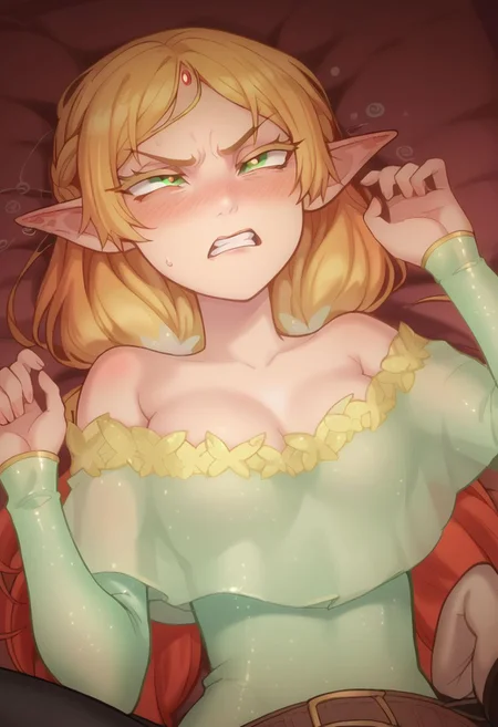 score_9, score_8_up, score_7_up, score_6_up, score_5_up, score_4_up, best quality, masterpiece, uncensored, long hair, blonde hair, green eyes, pointy ears, , multicolored hair, forehead jewel,elf, dress,,1girl,solo  , male pov, angry, drunk