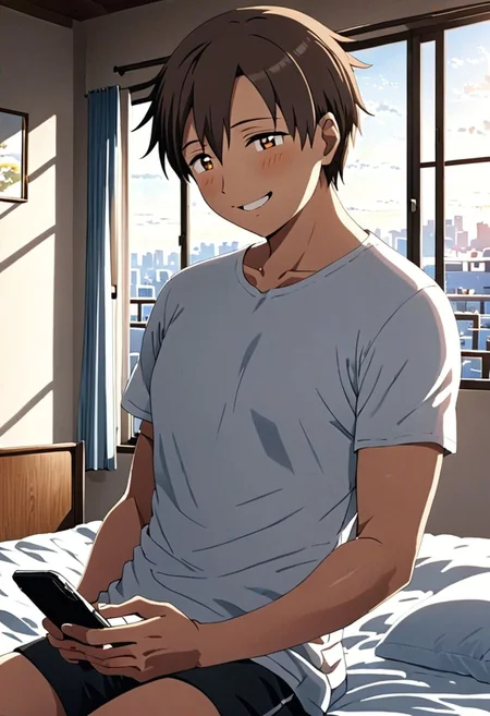 high resolution, solo, best quality, 1Boy, Takaki Toono, Brownish Hair, Brown Eyes, holding smartphone, t-shirt, on the bed, sunny day, window, smile, open eyes, side view, sit, nap, indoor, bed room, OverallDetail