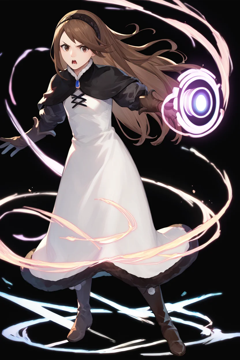 score_9, score_8_up, score_7_up, score_6_up, source_anime, BREAK 1girl, solo, <lora:agnesoblige-pdxl-nvwls-v1-000005:1> defagnes, brown hair, brown eyes, long hair, hairband, black capelet, white dress, cross-laced dress, black sleeves, black gloves, elbow gloves, black boots <lora:feh-style-richy-v1_pdxl:1> fehspc, full body, standing, black background, simple background, outstretched hand, casting magic, serious, open mouth