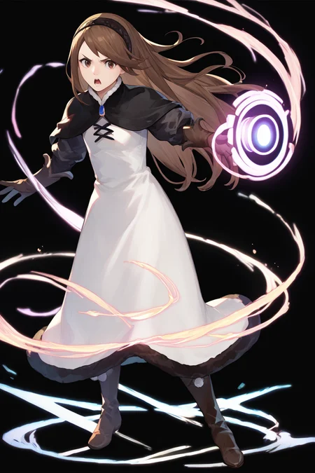 score_9, score_8_up, score_7_up, score_6_up, source_anime, BREAK 1girl, solo, <lora:agnesoblige-pdxl-nvwls-v1-000005:1> defagnes, brown hair, brown eyes, long hair, hairband, black capelet, white dress, cross-laced dress, black sleeves, black gloves, elbow gloves, black boots <lora:feh-style-richy-v1_pdxl:1> fehspc, full body, standing, black background, simple background, outstretched hand, casting magic, serious, open mouth