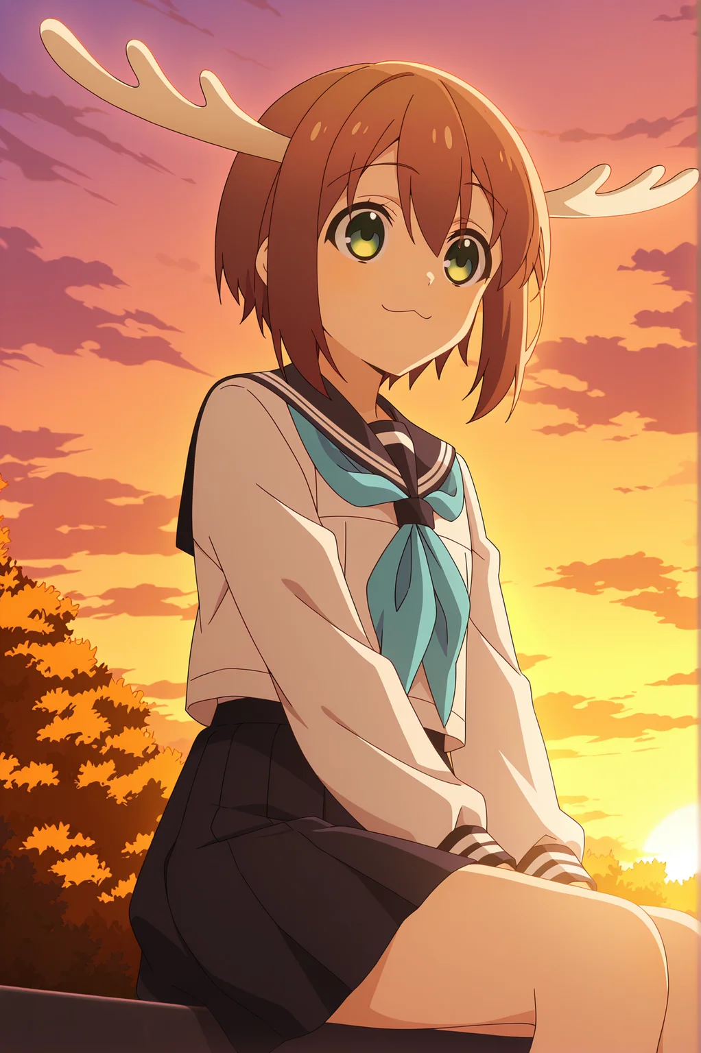 detailed background, official style,anime coloring, (anime screencap) masterpiece, detailed face,1girl   <lora:Noko_Shikanoko (1):0.8>Shikanoko, solo, antlers, school uniform, green eyes, white shirt, skirt, brown hair, serafuku, cloud, shirt, long sleeves, sailor collar, outdoors, sky, :3, neckerchief, blue neckerchief, closed mouth, hair between eyes, sitting, black skirt, bangs, pleated skirt, short hair, sunset, cloudy sky, black sailor collar