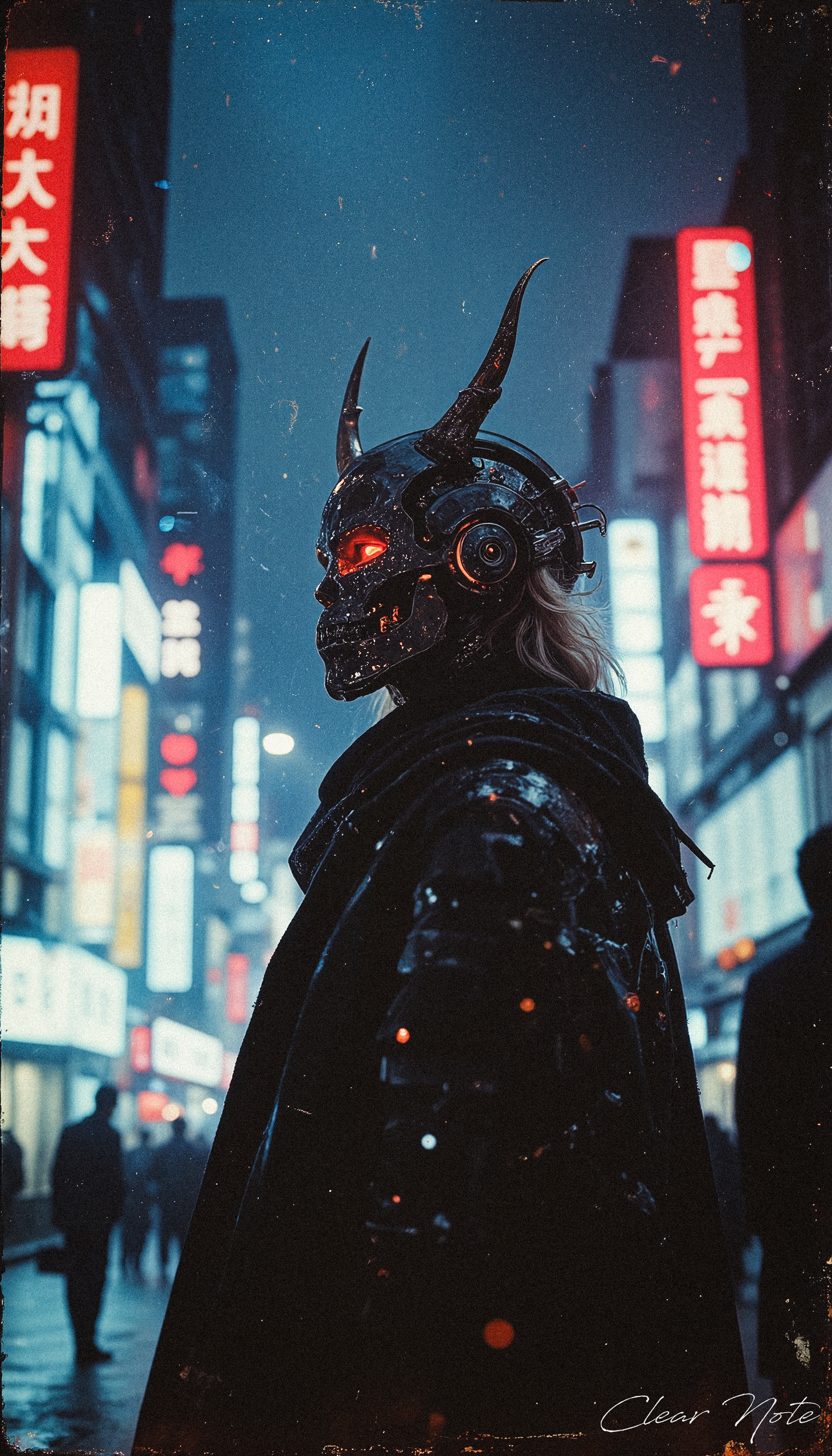 A cybernetic Japanese oni haunts neon-soaked city streets, its metallic body seamlessly vanishing into the vibrant chaos of urban life and crowds.