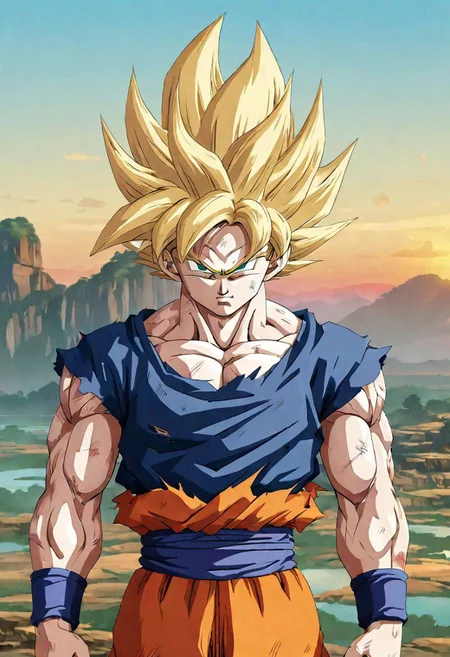(Ultrarealist:1.5) (Son Goku Sayan:1.5) (Sayan Namek),(100% Clothes Broken:1.5),8k,ultradetailed background, beautiful photography, (soft fur:1.3), expressive eyes, sunset glow, Serious, (solo:1.0)(ultradetailed eyes:1.5),(round iris:1.4)