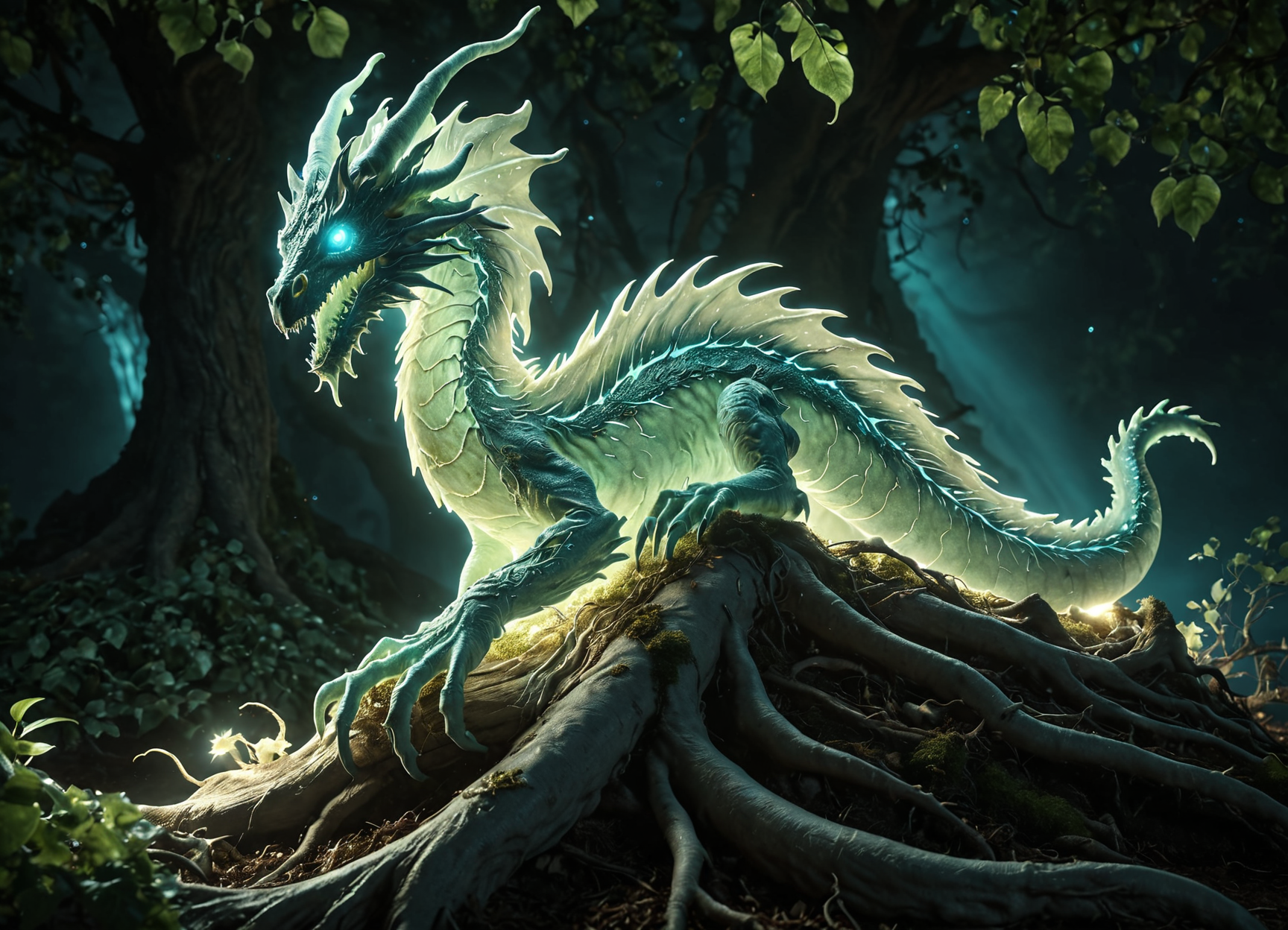 cinematic photo magical tree roots trapping a chrono dragon, super fine detail <lora:sss:0.8>  <lora:another-bored-monsters:0.35> fx-monsters <lora:sss:0.8> <lora:Bio-Luminescence:0.35> bioluminescent, glowing, 35mm photograph, film, bokeh, professional, 4k, highly detailed, subsurface scattering, Photorealistic, Hyperrealistic, analog style, realistic, film photography, soft lighting, heavy shadow