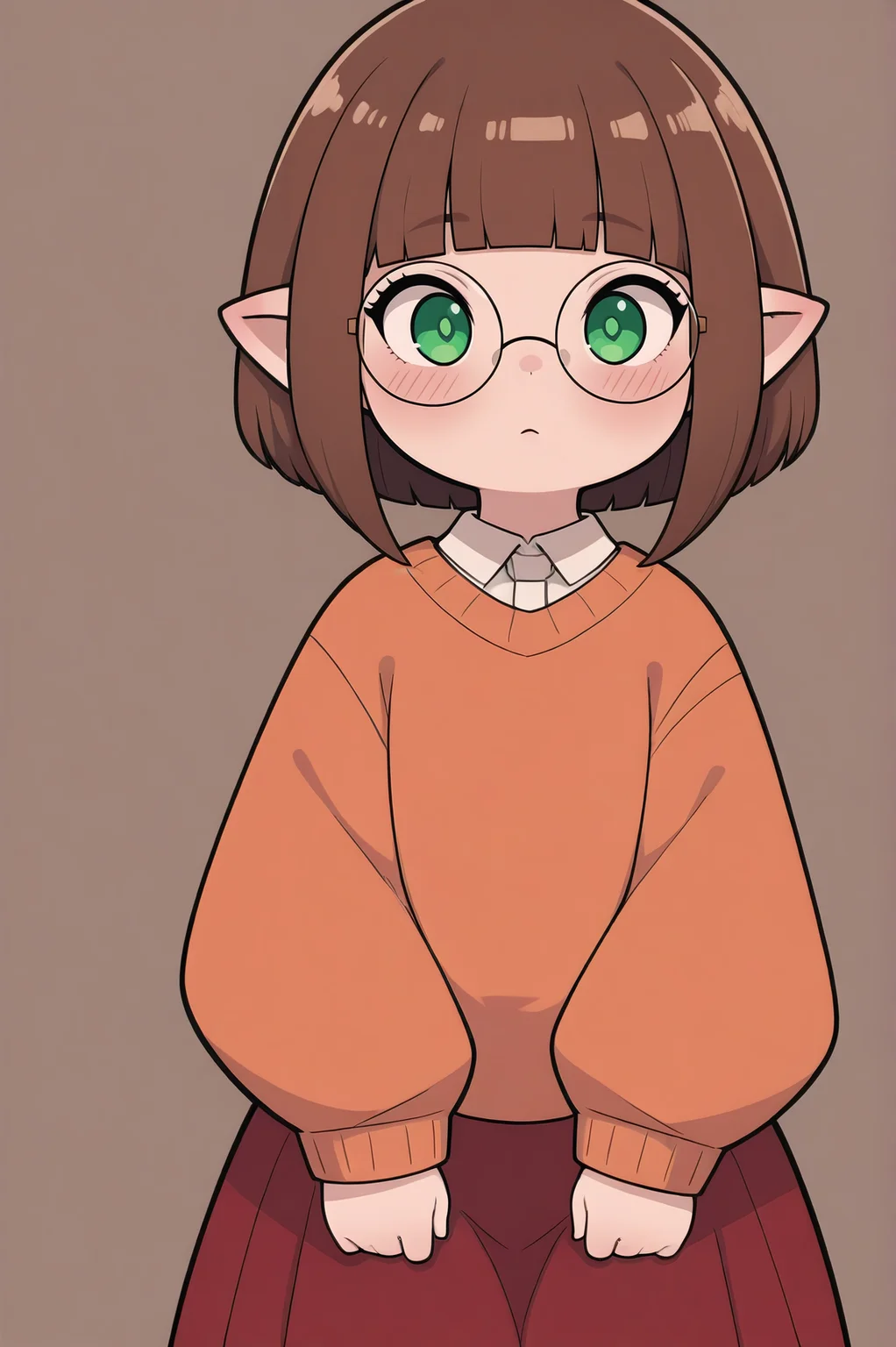 masterpiece, best quality, absurdres,
lalafell,
bob cut, green eyes, brown hair, blunt bangs, orange sweater, red skirt, round eyewear, solo, blush,