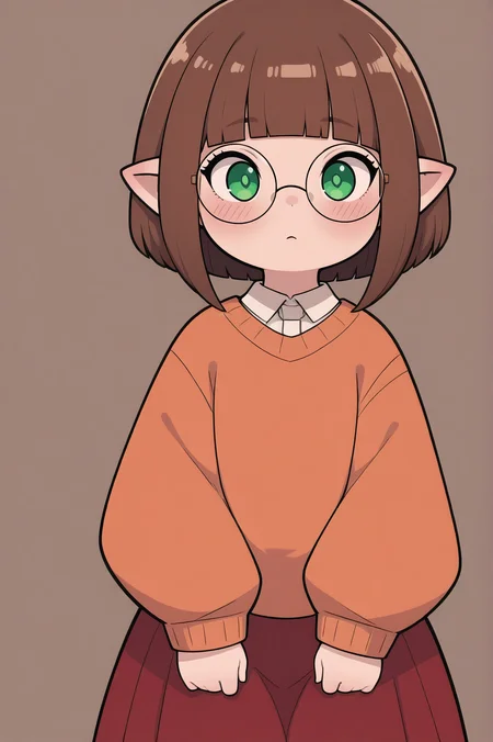 masterpiece, best quality, absurdres,
lalafell,
bob cut, green eyes, brown hair, blunt bangs, orange sweater, red skirt, round eyewear, solo, blush,