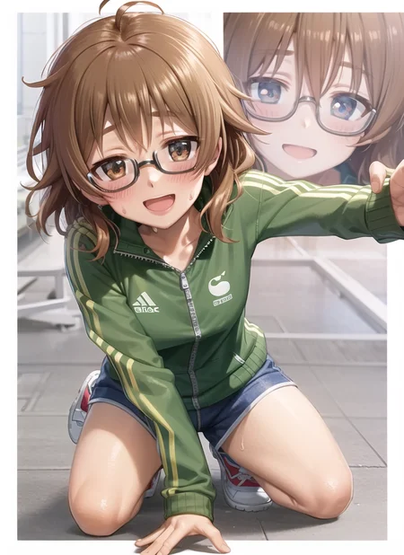 masterpiece, best quality, ultra-detailed, illustration,<lora:araki_hina-000007:1>, araki_hina, 1girl, glasses, solo, brown eyes, messy hair, orange hair, smile, jacket, ahoge, open mouth, shorts, full body, blush, short hair, looking at viewer, track jacket, :d, sweat