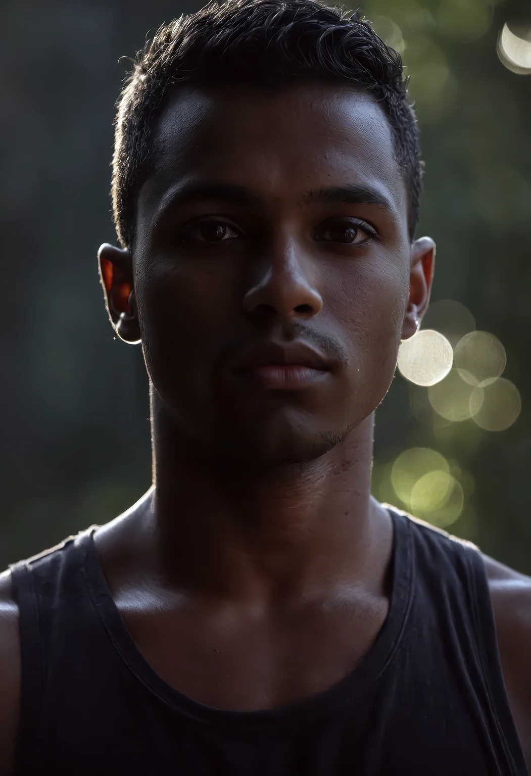award-winning masterpiece, RAW cinematic portrait, 1boy, male focus, dark-skinned man, black hair, brown eyes, wearing a tank top, sharp facial details, realistic skin texture, soft skin pores, moody cinematic lighting with deep shadows and highlights, atmospheric depth, soft background bokeh, film grain texture, high dynamic range, hyperrealistic, photorealistic, ultra-detailed, professional fine-art photography, immersive emotional atmosphere