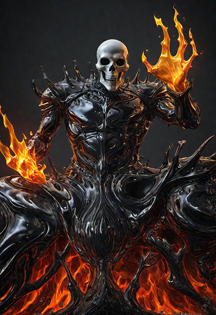 (masterpiece))
A etheral Ghost Rider,
HDR, hyper realistic, 
Black goo,
godly auburn light, flames, damned soul,