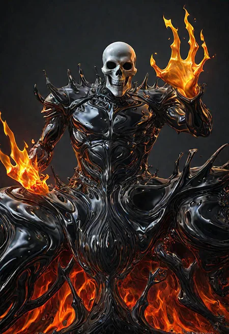 (masterpiece))
A etheral Ghost Rider,
HDR, hyper realistic,
Black goo,
godly auburn light, flames, damned soul,