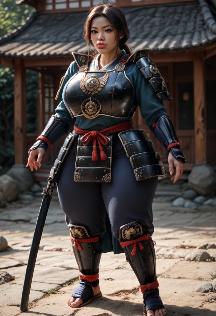 score_9, score_8_up, score_7_up, score_6_up, (solo:1.1), 1girl, human,brown hair, (blue eyes), asian, (athletic), buff, big breasts, (hyper lips), (gigantic lips), (samurai), (samurai armor), (full samurai armor), (fully armored), (head to toe plate armor), under armor, (tight armor), (tight clothes), front view, (chubby:1.2), hyper hips, (hyper butt), (gigantic butt), gigantic hips