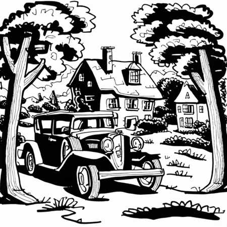 drawix19 old car in front of the house in the forest<lora:drawix19:1>