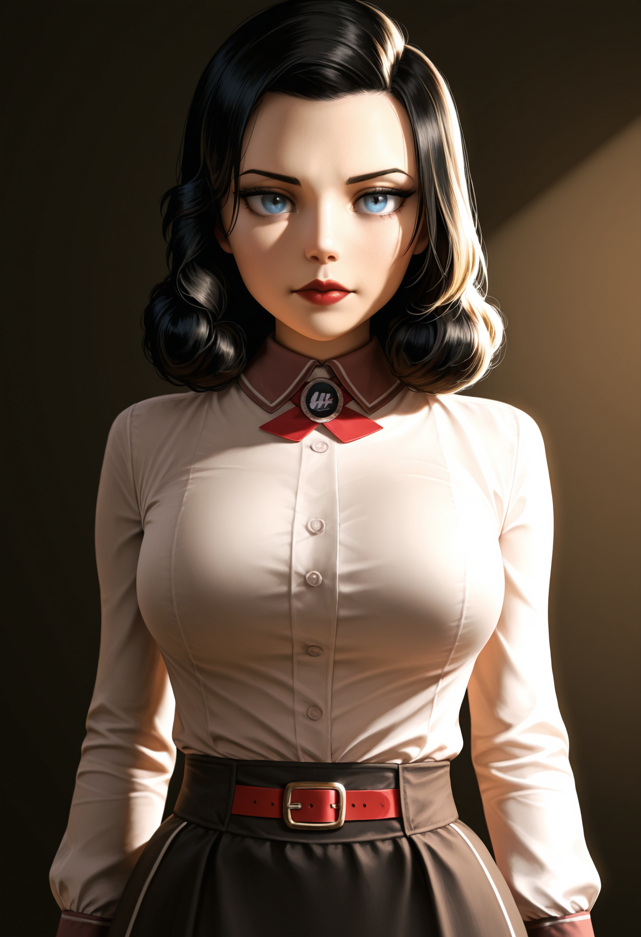 masterpiece,best quality,amazing quality,   <lora:Elizabeth_BAS_IL:0.9> elizabethbas, solo,  black hair,  long skirt, collared shirt, white shirt,  curly hair, blue eyes, long sleeves,  lipstick,  deep skin, realistic,  nail polish, shirt tucked in, red belt,  studio portrait, (photorealistic:1.3), (8K UHD:1.2), sharp focus, professional lighting, (Rembrandt lighting:1.1), soft shadows, (cinematic depth:1.1), (medium shot:1.1), (intense gaze:1.2), (detailed skin texture:1.3), (volumetric light), (dark muted background:1.1),   (subtle skin imperfections:1.1), (Kodak Portra 400 film grain), (color grading: muted tones, cool shadows, warm highlights)