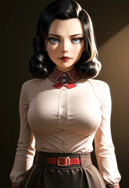 masterpiece,best quality,amazing quality, <lora:Elizabeth_BAS_IL:0.9> elizabethbas, solo, black hair, long skirt, collared shirt, white shirt, curly hair, blue eyes, long sleeves, lipstick, deep skin, realistic, nail polish, shirt tucked in, red belt, studio portrait, (photorealistic:1.3), (8K UHD:1.2), sharp focus, professional lighting, (Rembrandt lighting:1.1), soft shadows, (cinematic depth:1.1), (medium shot:1.1), (intense gaze:1.2), (detailed skin texture:1.3), (volumetric light), (dark muted background:1.1), (subtle skin imperfections:1.1), (Kodak Portra 400 film grain), (color grading: muted tones, cool shadows, warm highlights)