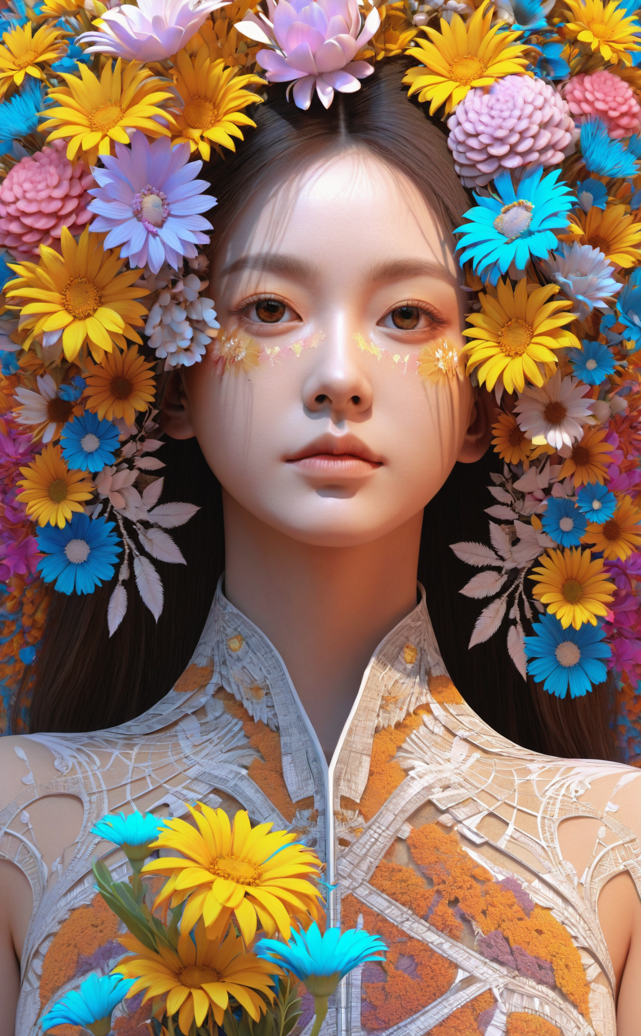1girl,(masterpiece, top quality, best quality, official art, beautiful and aesthetic:1.2), (1girl), extreme detailed,flowers,(fractal art:1.3),colorful,highest detailed,