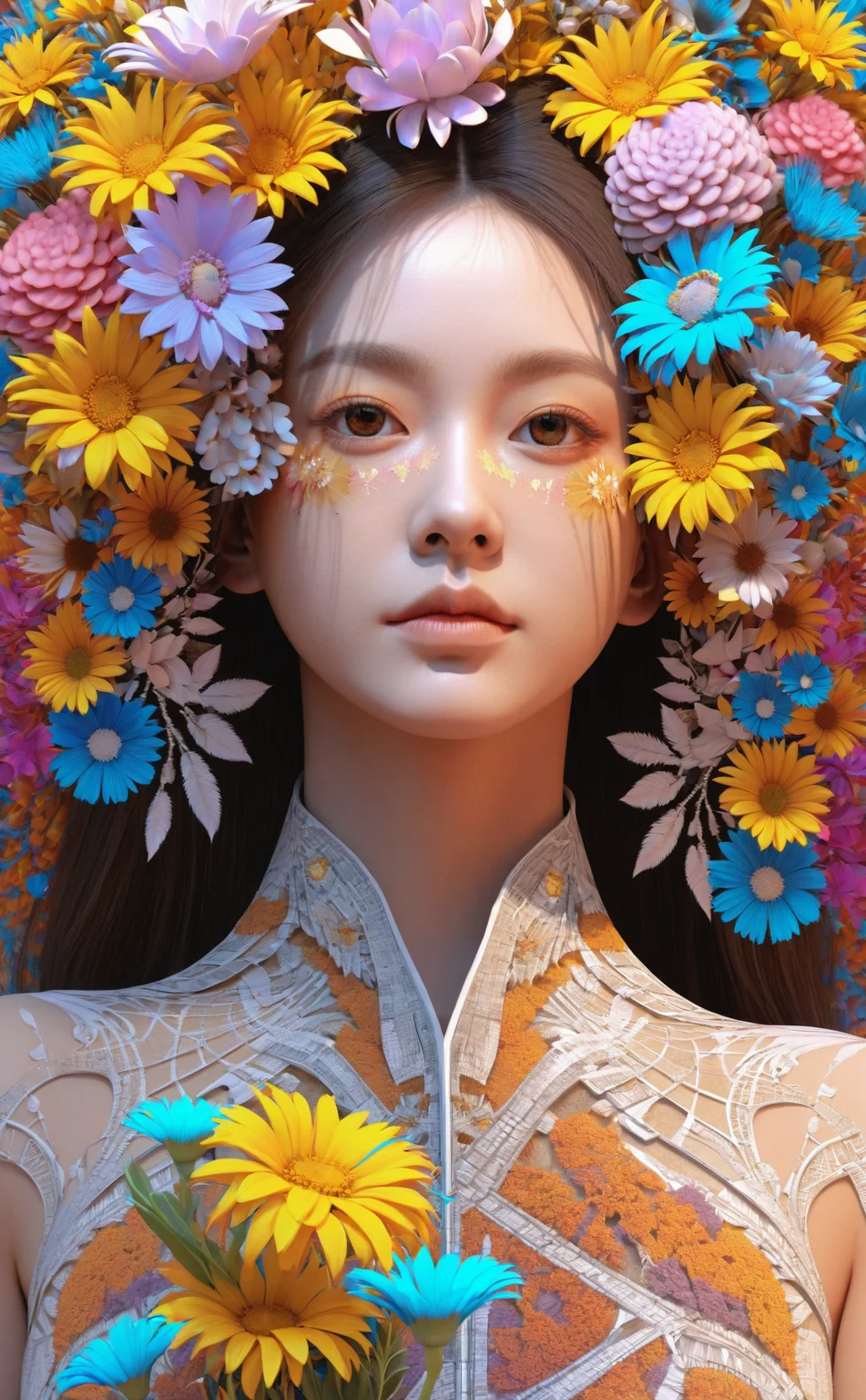 1girl,(masterpiece, top quality, best quality, official art, beautiful and aesthetic:1.2), (1girl), extreme detailed,flowers,(fractal art:1.3),colorful,highest detailed,