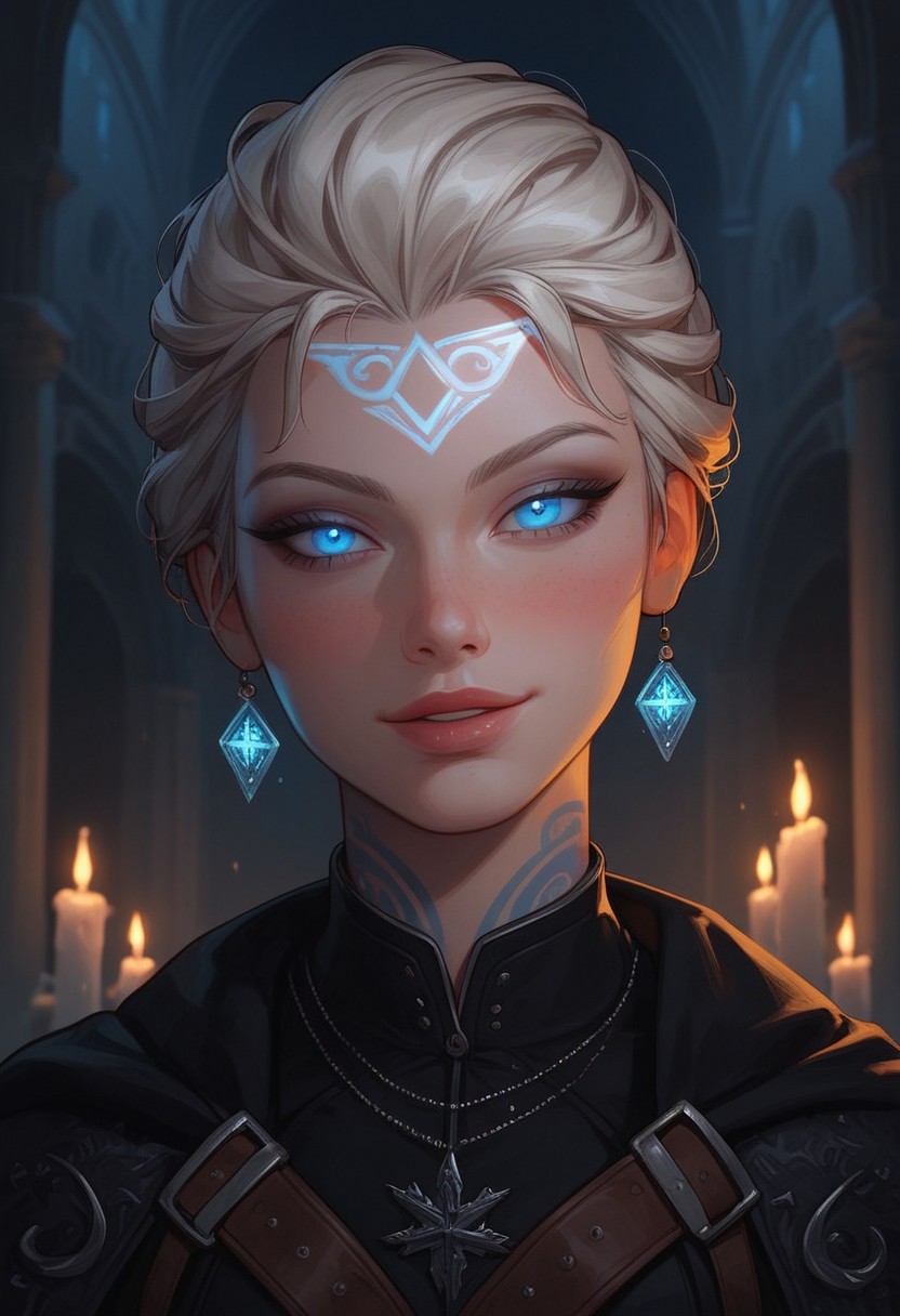 masterpiece,best quality, highly detailed, score_9, score_8_up, score_7_up, score_6_up, score_5_up, score_4_up, Expressiveh, Elsa, solo, portrait, athletic body, looking at viewer, platinum hair, short hair,fully clothed,  
Blue eyes, thick tighs, wide hips, detailed belly, smile, happiness,gothic clothes, black hunter attire,black collar shirt, black hunter corset, tactical pants, combat tiara, daggers ,belts,hunter cloak, sexy, seductive, blush, castle,night, perfect hips, perfect thighs, neckless, black chocker, hair ornaments, full body, heels, boots,  conjuring spell, ancient ice magic , wide hips, thick thighs Flashice glowing runes, graceful, dancer-like movements, ice magic, frost, chilly aura, void magic, breathtaking display of color, Fae, ethereal beauty, supernatural powers, elemental magic, sharp focus, depth of field, Flashice glowing runes,Close up, runes on body, glowing body tattoos, glowing eyes, glowing tattoos, glowing runes,
