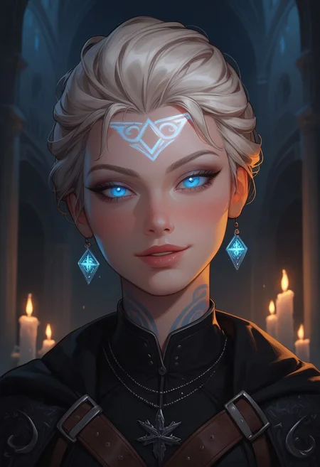 masterpiece,best quality, highly detailed, score_9, score_8_up, score_7_up, score_6_up, score_5_up, score_4_up, Expressiveh, Elsa, solo, portrait, athletic body, looking at viewer, platinum hair, short hair,fully clothed,
Blue eyes, thick tighs, wide hips, detailed belly, smile, happiness,gothic clothes, black hunter attire,black collar shirt, black hunter corset, tactical pants, combat tiara, daggers ,belts,hunter cloak, sexy, seductive, blush, castle,night, perfect hips, perfect thighs, neckless, black chocker, hair ornaments, full body, heels, boots, conjuring spell, ancient ice magic , wide hips, thick thighs Flashice glowing runes, graceful, dancer-like movements, ice magic, frost, chilly aura, void magic, breathtaking display of color, Fae, ethereal beauty, supernatural powers, elemental magic, sharp focus, depth of field, Flashice glowing runes,Close up, runes on body, glowing body tattoos, glowing eyes, glowing tattoos, glowing runes,