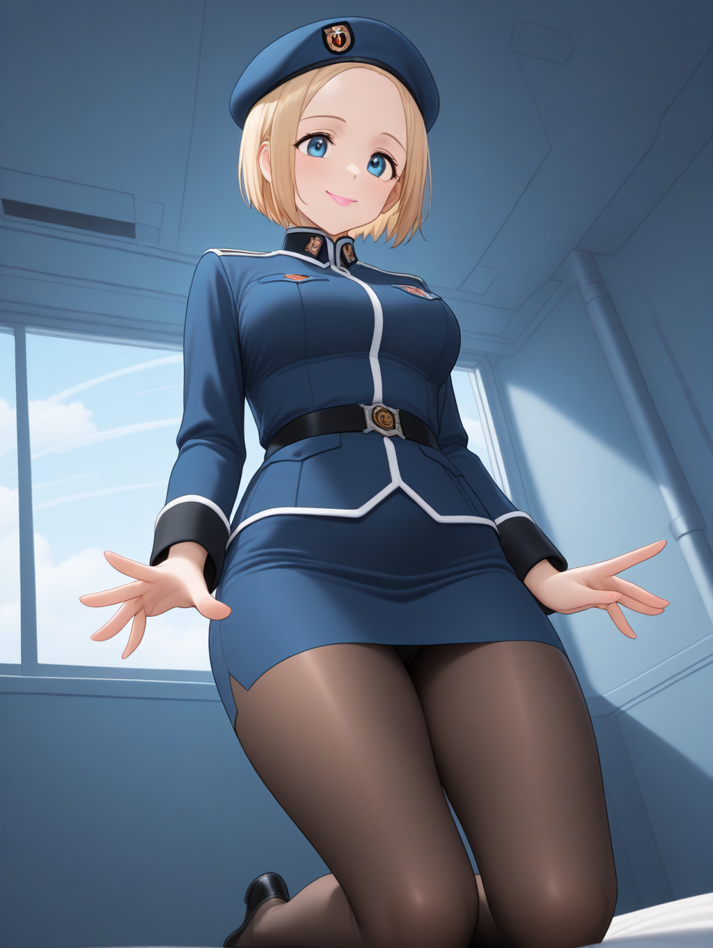 perfect quality,best quality,absolutely eye-catching,ambient occlusion,raytracing BREAK
1girl,<lora:marietta IL v2.1:0.8>,marietta,dark blonde hair,short hair,forehead,blue beret,blue military uniform,blue eyes,pencil skirt,pantyhose,long sleeves,tareme,white line,pink lips,smile,indoors,spacecraft,, from below,full_shot,standing,spread_fingers,shou,kneeling,