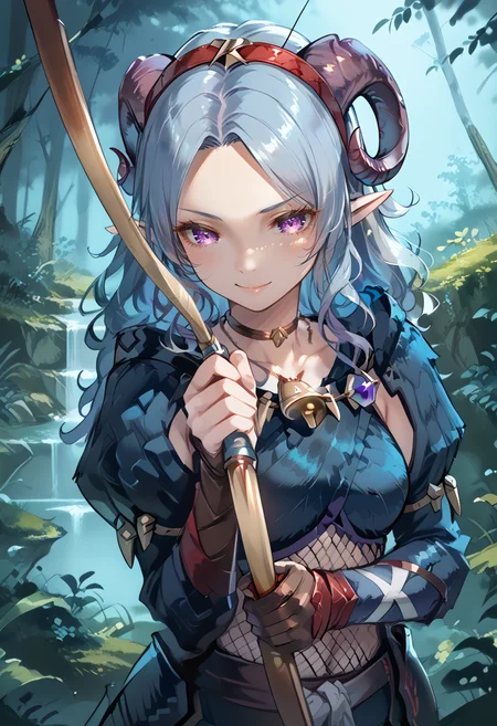 source_furry,(score_9:0.9),score_8_up,score_7_up,rating_safe,anime style,(zPDXL) BREAK bow (weapon),<lora:Drawing_bow:0.82>,((drawing bow, aiming at viwer, arrow, (projectile: 1.1), (weapon:1.1), holding black bow \(weapon\))),nargacuga armor,1girl,solo,single black glove,fishnets,red hairband,multicolored chest sarashi,white arm bandage,<lora:Nargacuga armor ponyXL v2.2:0.73>,silver long wavy hair,bell necklace,short pointy ears,purple eyes,<lora:age_slider_v4:0.6>,
smile,open eyes,<lora:Test_Diana:0.8>,tiefling_bard_diana,<lora:INKxXmo shaded face:0.8>,INKxXmo Dark Theme,Shaded Face, looking far,concentrating,close up:1.4,forest,half knelling,<lora:H001PXL:0.2>,color manga,<lora:whisker_markings:0.8>,tiefling_bard_diana,
