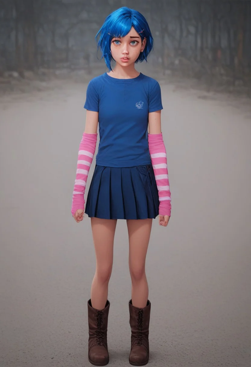 score_9, score_8_up, score_7_up, <lora:powderV02_> powder 1girl, hair clips, beautiful face, arcane, bangs, blue hair, blurry, braid, freckles, hair ornament, looking at viewer, parted lips, powder, shiny hair, short hair, short sleeves, solo , blue eyes, perfect lips,age difference,small breasts,petite,<lora:Realistic000003_1_2.5DAnime_0.05_Merge1:1> <lora:add-detail-xl:1> eyes blue, zPDXL zPDXLxxx,blue leg warmers, blue shirt, blue skirt, boots, brown boots, brown pants, elbow gloves, fingerless gloves, leg warmers, leggings, pants, pink leggings, pink sleeves, shirt,blue short pants, skirt, sleeves, striped sleeves, portrait, official style, arcane style
standing,full body , collecting mechanical parts