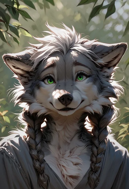 score_9, score_8_up, score_7_up, gray anthro female wolf, (folded ears), frontview, green eyes, gray fur, gray wedge hair, gray twin braids, forrest, shy smile