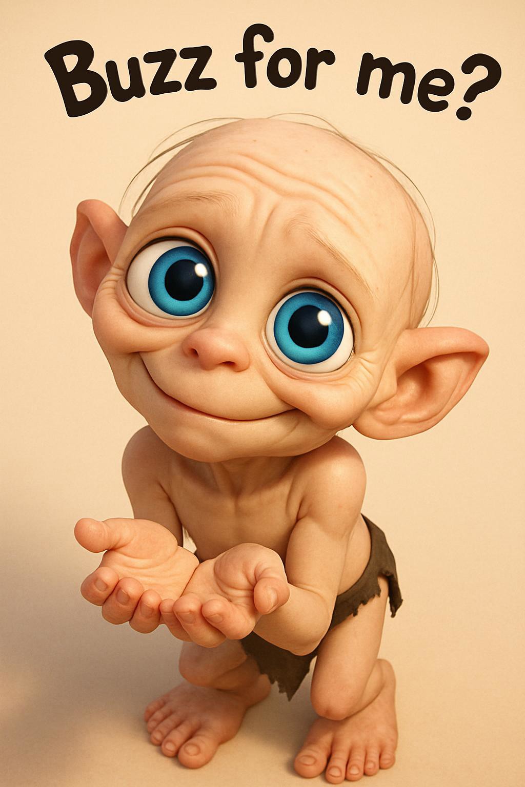 An overloaded cuteness image High Angle Shot of a Gollum looking cute from bottom to top in cartoon 3d style, pulls his hands together with palms up in a begging gesture, head tilted slightly to the side, body is completely placed in the frame, text over head in comic font:“Buzz for me?”