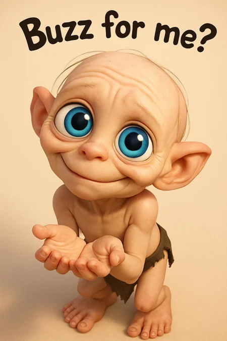 An overloaded cuteness image High Angle Shot of a Gollum looking cute from bottom to top in cartoon 3d style, pulls his hands together with palms up in a begging gesture, head tilted slightly to the side, body is completely placed in the frame, text over head in comic font:“Buzz for me?”