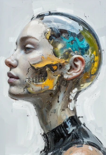 Clip L sketch painting, Delirium style, A hyper-realistic digital artwork depicting a human head with a face and cheeks and neck made of marble, perfectly smooth surface without any imperfections with delicate natural textures and a serene expression, crafted by a great master, the skull and back of the head is completely transparent and made of crystal clear glass. Inside the skull, an ethereal explosion of ultra-fine dust erupts in colorful natural colors, blue, green, yellow, reminiscent of a summer landscape. Soft ambient light highlights the contrast between the massive, serene face and the dynamic, naturally toned energy inside the glass skull. The artwork conveys a surreal, dreamlike aesthetic, rendered with exceptional detail and dramatic visual depth. Clip G sketch painting, Delirium style, A hyper-realistic digital artwork depicting a human head with a face and cheeks and neck made of marble, perfectly smooth surface without any imperfections with delicate natural textures and a serene expression, crafted by a great master, the skull and back of the head is completely transparent and made of crystal clear glass. Inside the skull, an ethereal explosion of ultra-fine dust erupts in colorful natural colors, blue, green, yellow, reminiscent of a summer landscape. Soft ambient light highlights the contrast between the massive, serene face and the dynamic, naturally toned energy inside the glass skull. The artwork conveys a surreal, dreamlike aesthetic, rendered with exceptional detail and dramatic visual depth.