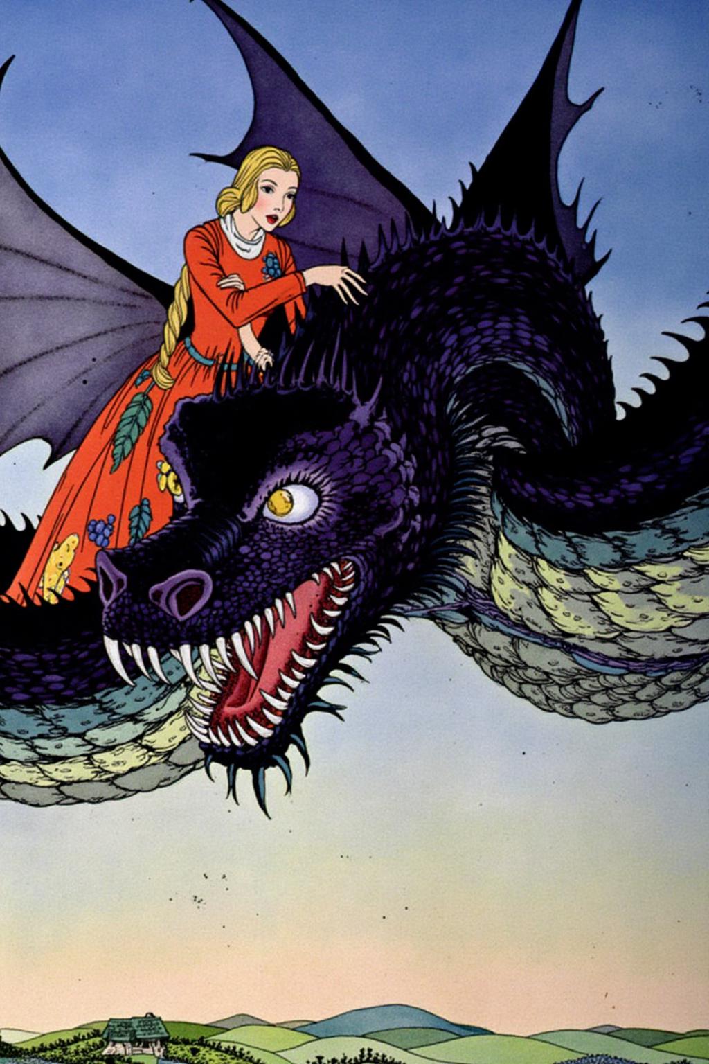 sterrett1 illustration.
A blonde woman riding a dragon. The dragon is predominantly dark, with shades of purple and blue, featuring a scaly texture and sharp, pointed teeth. <lora:sterrett1_cap_d6a3e8:1.0><lora:837013191251774584:0>