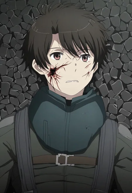 high resolution, solo, best quality, 1Boy, Inaho Kaizuka, Black Hair, Brown Eyes, fell down, revenged, conquered, dying, battered, bruised, OverallDetail