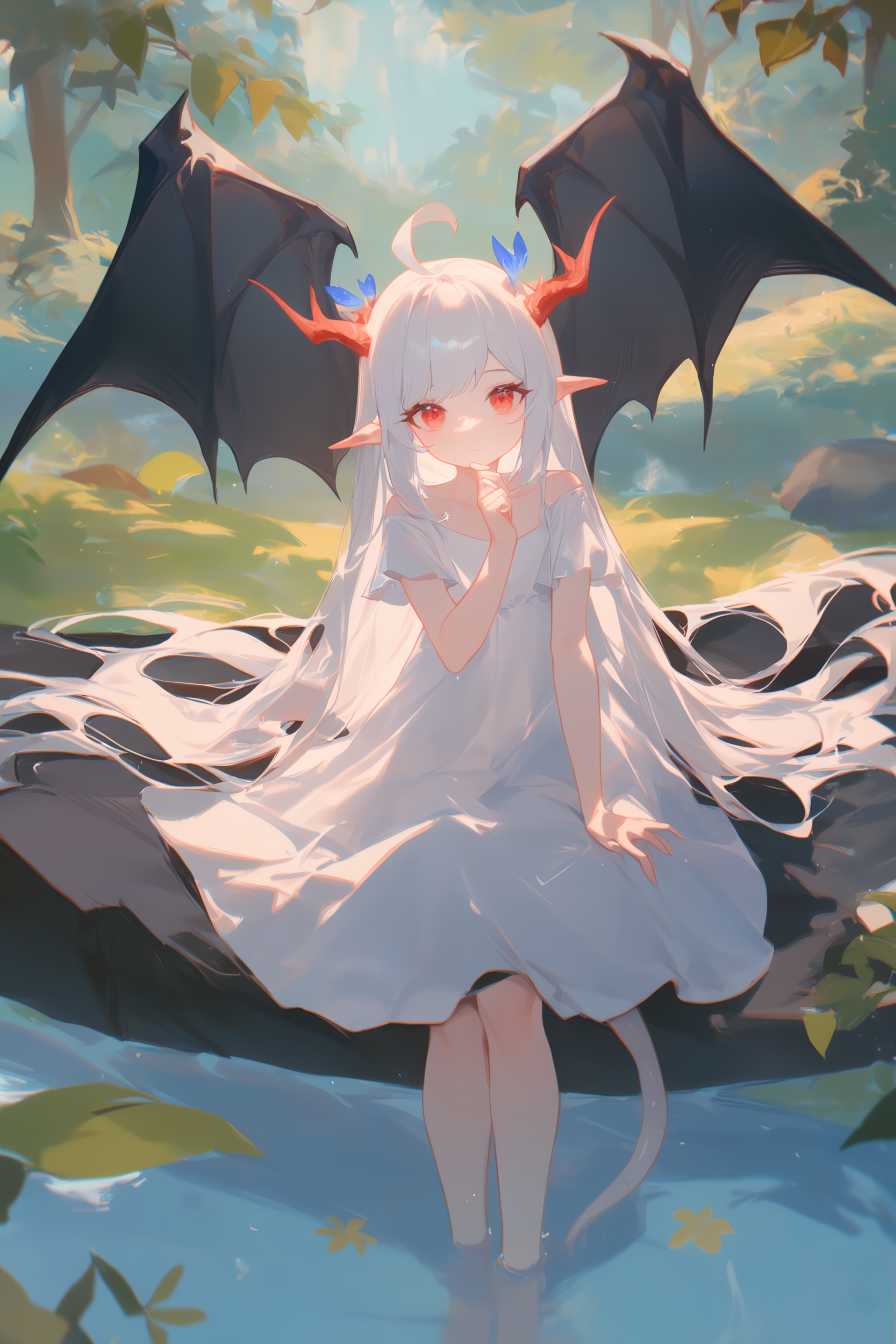 1girl, 
ciloranko, maccha \(mochancc\), lobelia \(saclia\), migolu, ask \(askzy\), wanke, (jiu ye sang:1.1), (rumoon:0.9), (mizumi zumi:1.1), 
1o1i, solo, dragon girl, dragon tail, dragon wings, dragon horns, white dress, long hair, side up, river, tree, forest, pointy ears, (close-up:0.8), tail, very long hair, dress, horns, wings, sidelocks, water, closed mouth, bare tree, white hair, nature, red eyes, ahoge, short sleeves, white tail, looking at viewer, black wings, 
masterpiece, newest, absurdres, safe