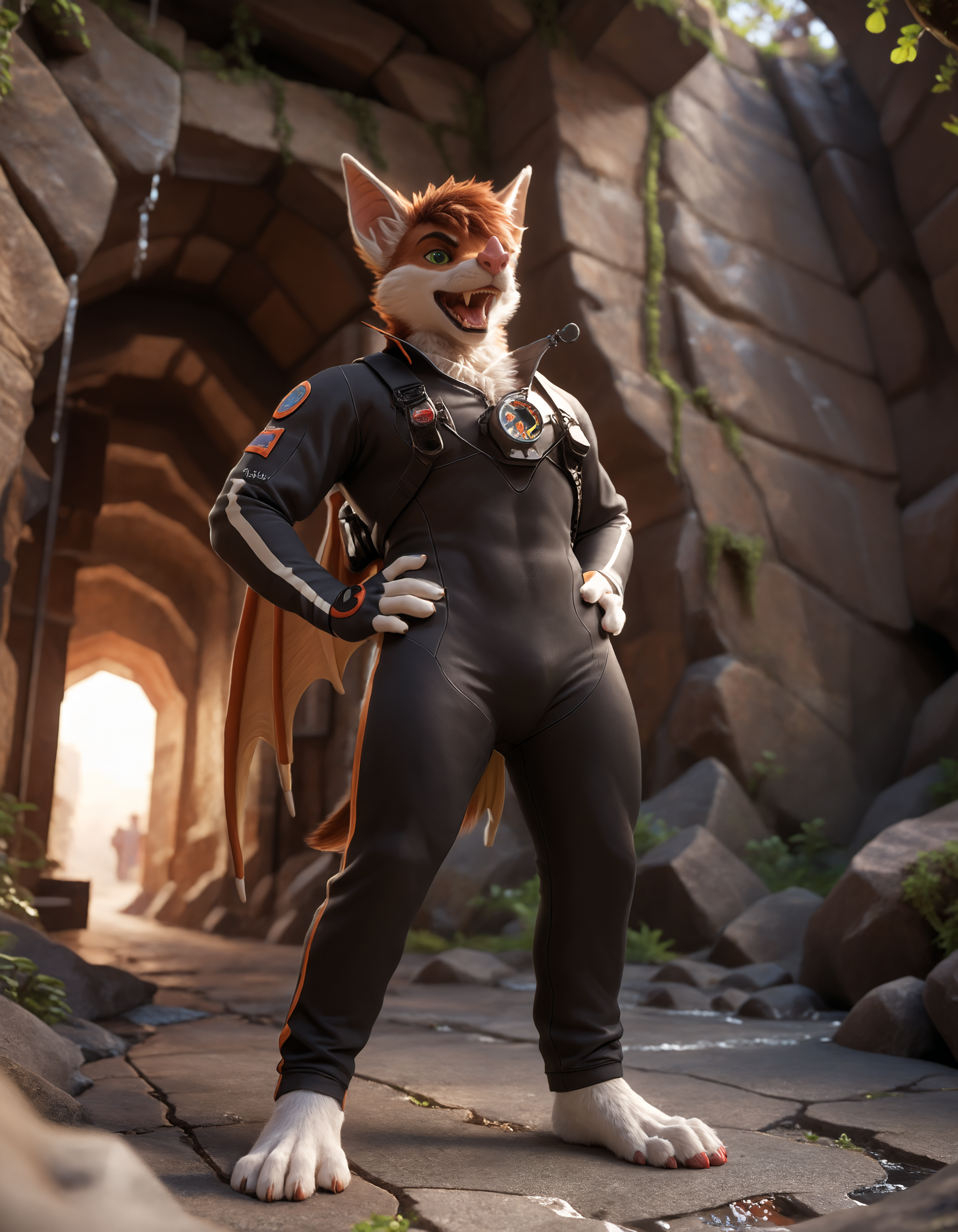 score_9, score_8_up, score_7_up, BREAK (anthro, furry:1.1), depth of field, cinematic lighting, masterpiece, detailed hands, detailed face, best quality, ultra realistic, 4k, 2k, film photography, RAW photo, photorealistic, analog style, subsurface scattering, photorealism, embedding:unaestheticXL_bp5, embedding:zPDXL,(best quality, high quality, 8K:1.5), <lora:add-detail-xl:2.5>, <lora:fix_hands.safetensors:2.0>, <lora:2.5DRealisticV2.safetensors:0.2>, <lora:sinfully_stylish_SDXL.safetensors:0.6>,  <lora:AdvancedEnhancerXLv2.safetensors:1.0>, (hi res), ((masterpiece)), ((best quality)), illustration, <lora:Aerys (Character).safetensors:0.9>, anthro, furry, aerys, bat, membranous wings, green eyes, biped, hair, orange body, white body, tuft, barefoot  (from below, hands on hips looking at viewer hand on head, cave, flight suit, open mouth, Kamen Rider:1.15)