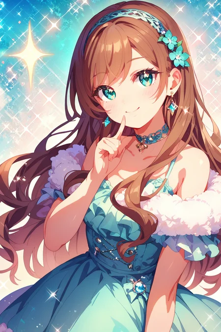 score_9, score_8_up, score_8, <lora:100Kanojo:0.9>, 1girl, long hair, solo, flower, smile, brown hair, hair ornament, jewelry, hair flower, earrings, dress, finger to mouth, looking at viewer, aqua eyes, choker, fur trim, index finger raised, bow, standing, sparkle, frills, hairband